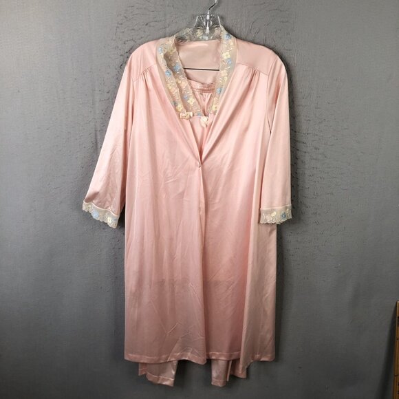 VINTAGE Vanity Fair 3 Piece Pajama Set Womens 34 Pink Nylon Robe Made USA 90s - Picture 1 of 16